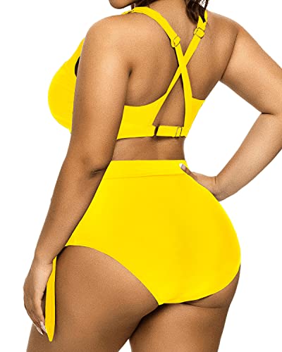 Two Piece V-Neck Keyhole Plus Size Bikini Swimsuit-Neon Yellow