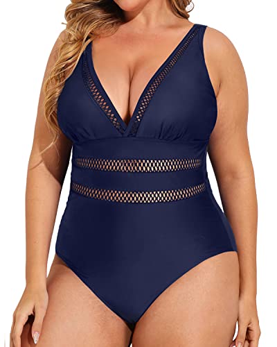 Elegant Push Up Bathing Suits For Plus Size Women-Navy Blue