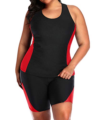 Racerback Plus Size Tankini Tummy Control And Boyshorts-Black And Red