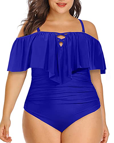 Adjustable Strap Plus Size Ruffled Swimsuit-Royal Blue