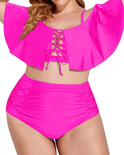 Sexy Tummy Control Plus Size High Waisted Bikini-Neon Pink