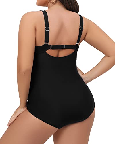 Flattering Vintage Ruched One Piece Swimsuit For Plus Size Women-Black