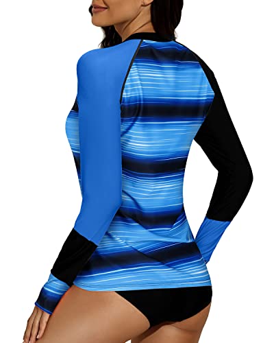 Long Sleeve Rash Guard And Boy Shorts Set For Women-Blue Stripe