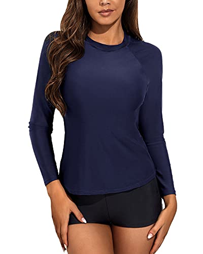 Trendy Women's Boyshort Swimsuit Set Long Sleeve Rash Guard Top-Navy Blue