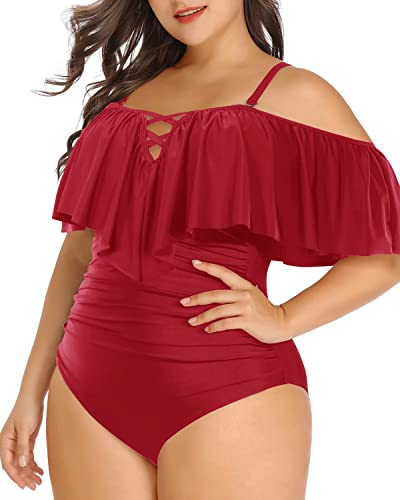 Off Shoulder Plus Size Ruffled Swimsuit For Curvy Women-Red