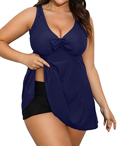 Shaping Plus Size Swim Dress Tummy Control Bottoms-Navy Blue