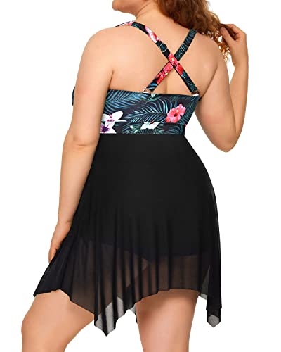 Irregular Hem Mesh Swim Dress Boyshorts Long Torso Swimsuits-Black Floral