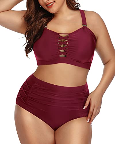 Adjustable Criss Cross Ruched Bikini For Plus Size Ladies-Maroon