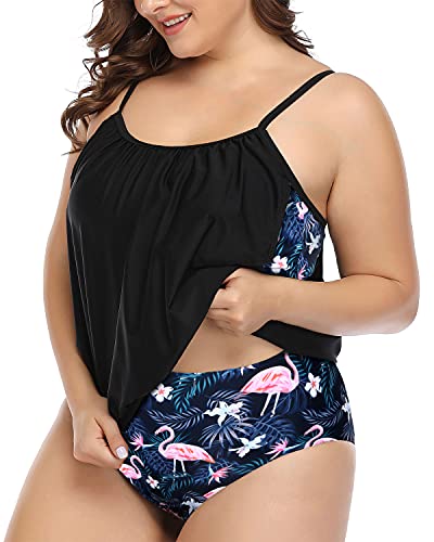 Adjustable Strap Athletic Tankini Plus Size Sporty 2 Piece Tankini-Black Flamingo