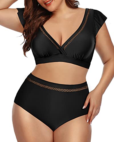 Ruffled Sleeve Bikini Top And High Waisted Bottom Two Piece Swimsuits For Women-Black