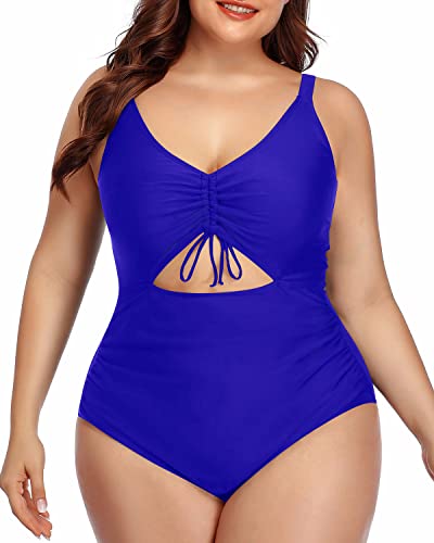 Ruched Tummy Control Plus Size Monokini Swimsuits-Royal Blue