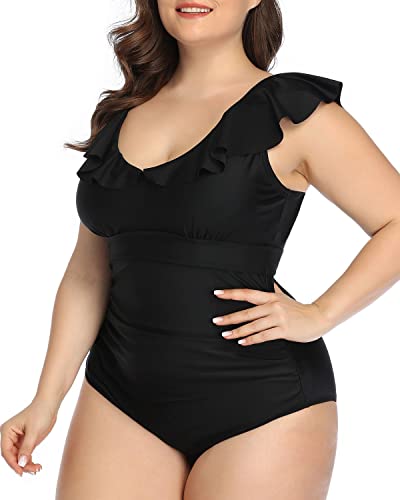 U-Shaped Back Plus Size One Piece Swimsuits For Curvy Women-Black