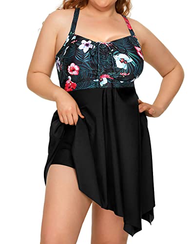 Retro Elegant Tankini Two Piece Swimdress Boyshorts For Women-Black Floral