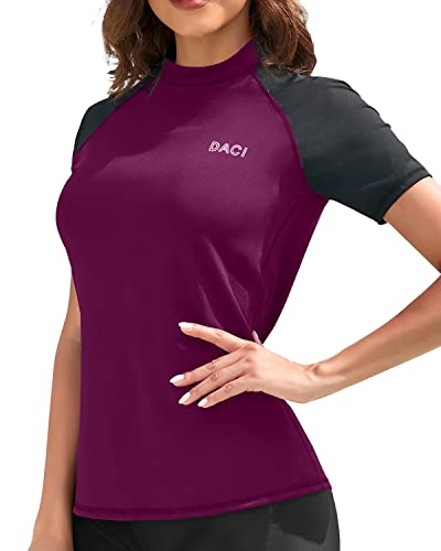 Uv Block Women's Swim Shirt Without Built-In Bra Short Sleeve Rashguard Top Swim Shirt-Maroon