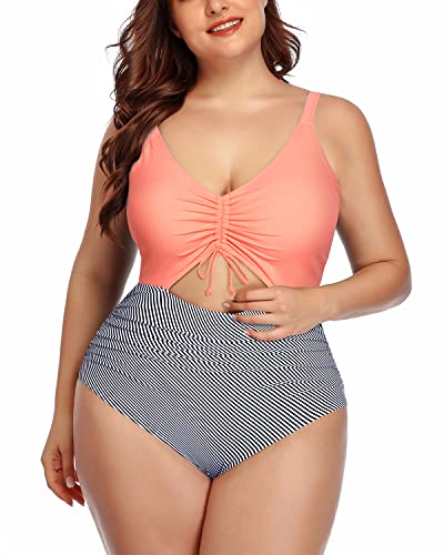 Sexy Cutout V-Neck Plus Size Monokini Swimsuits-Coral Pink Stripe