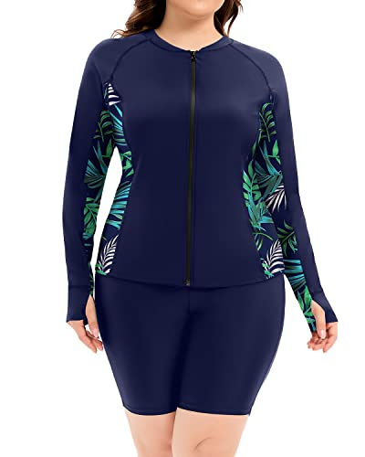 Women's Plus Size Athletic Swimwear Rash Guard And Shorts-Blue Leaf