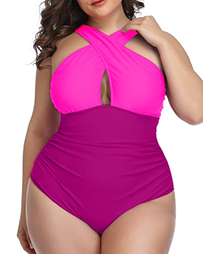 Vintage Front Cross Keyhole Swimsuits For Women-Phosphor And Dark Pink