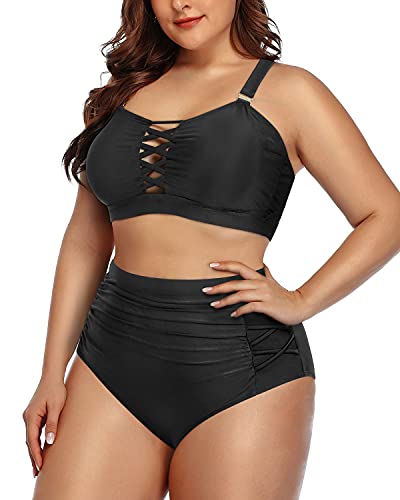 Ruched High Waisted Two Piece Bikini Set For Plus Size Women-Black