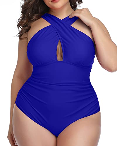 Women's Backless Plus Size Bathing Suits Tummy Control-Royal Blue