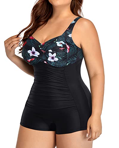 Retro Twist Front Tummy Control Women's Plus Size Swimwear-Black Floral