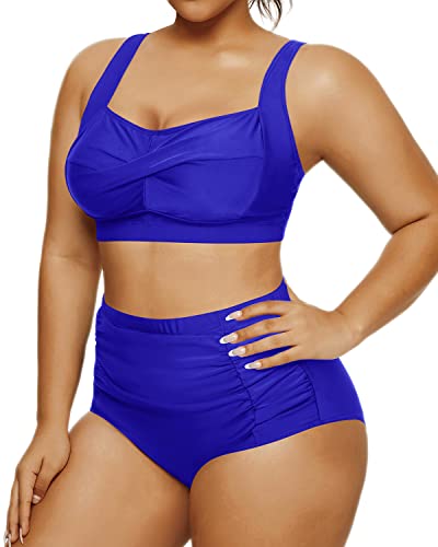 Flattering High Waisted Two Piece Swimsuit Open Back Retro Bikini-Royal Blue