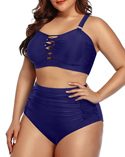 Adjustable Ruched Tummy Control Bikini For Plus Size Women-Navy Blue