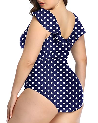 Retro Style Flounce Plus Size One Piece Swimsuit-Blue Dots