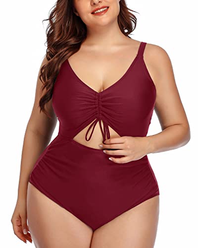 Fashionable Cutout Plus Size Swimsuit Drawstring-Maroon