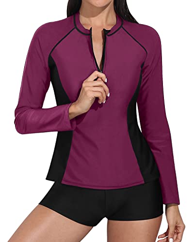 Stylish Women's Long Sleeve Rash Guard Swimwear Boy Shorts-Purple