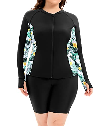 Plus Size Sun Protection Rash Guard And Shorts Set For Women-Black Leaf