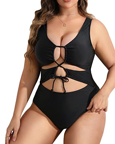 V Neck Plus Size Cutout One Piece Swimsuits For Women-Black