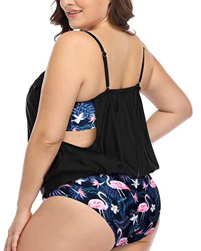 Adjustable Strap Athletic Tankini Plus Size Sporty 2 Piece Tankini-Black Flamingo