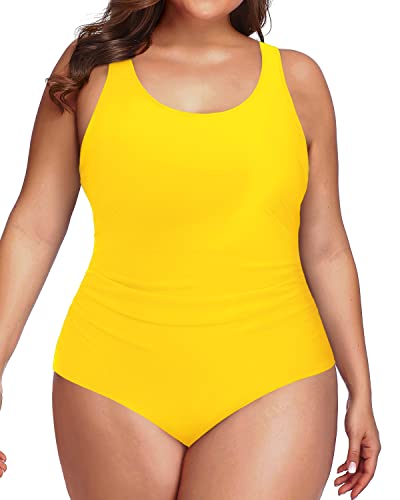 Scoop Neck Backless Plus Size Sport One Piece Swimsuit-Neon Yellow