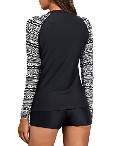 Protective Women's Rash Guard Swim Shirt Boyshort Bottom-Black And White Snake Print