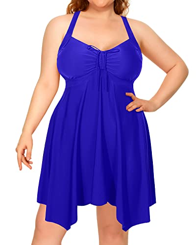 Ruffled Irregular Hem Flowy Tankini Swimdress For Women-Royal Blue And Black