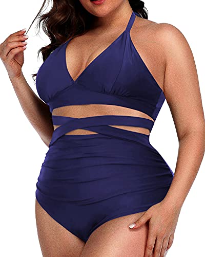 Tummy Slimming Plus Size Bikini Set Halter Neckline-Navy Blue