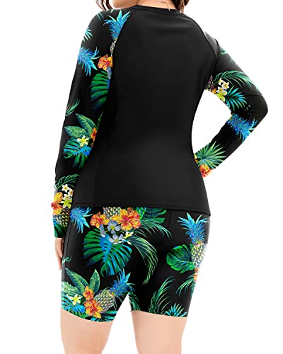 Women's Plus Size Uv Protection Rash Guard Swimsuit Zipper-Black Pineapple