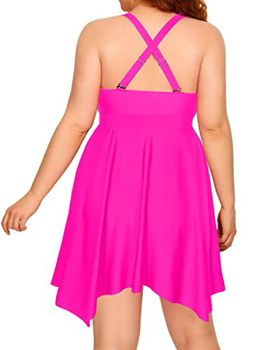 Flattering Ruched Plus Size Two Piece Swimdress Beach Cover Up Dresses-Neon Pink And Black