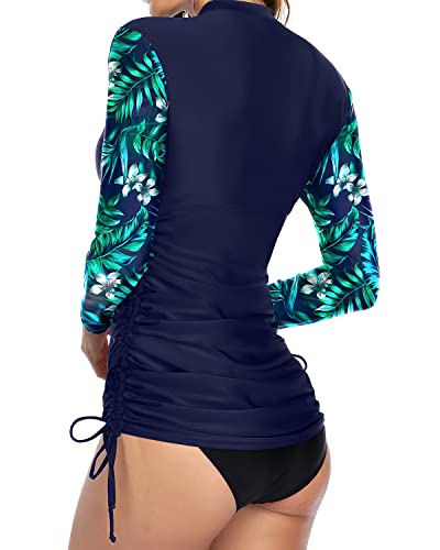 Women's Long Sleeve Rash Guard Swim Shirt Built-In Bra-Blue Leaf