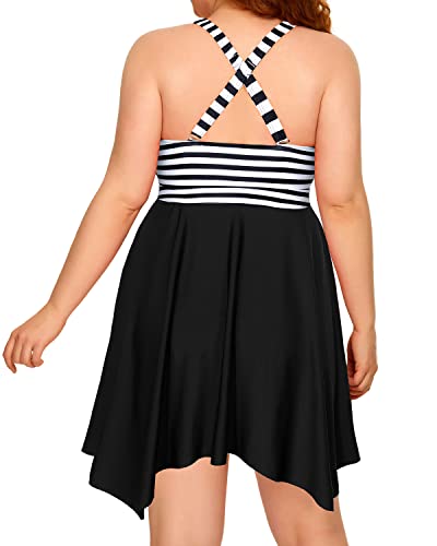 Flattering Ruched Plus Size Flowy Tankini Bathing Suits For Women-Black And White Stripe