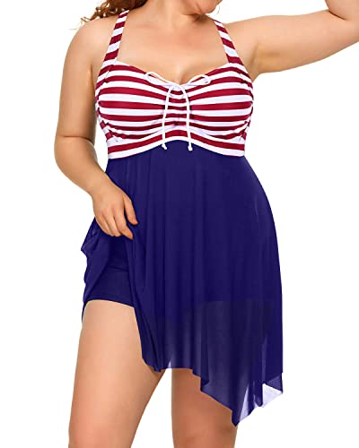 Irregular Hem Two Piece Swim Dress Boyshorts For Plus Size Women-Flag