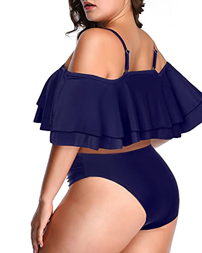 High Waisted Ruched Bottom Bikini For Plus Size 2 Piece Swimsuits-Navy Blue