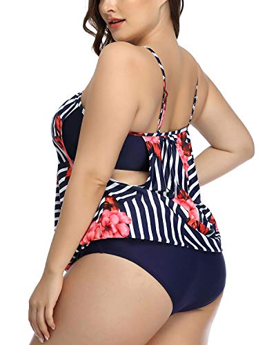 Women's Deep Cut Sides Athletic Plus Size Tankini Swimsuits-Navy Blue And Red Fl