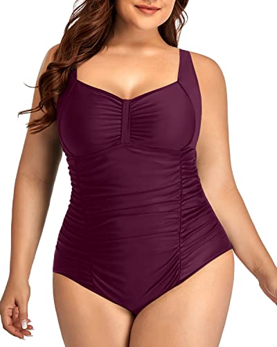 Tummy Control Retro Push Up Plus Size Swimsuit-Maroon