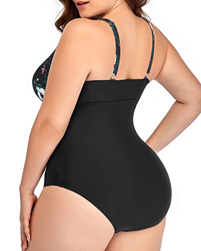 Adjustable Strap Plus Size V Neck One Piece Bathing Suit-Black Floral