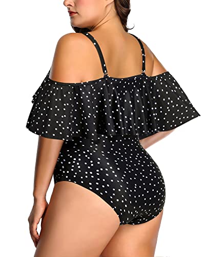 Trendy Flounce Off Shoulder Bathing Suit For Women Plus Size One Piece-Black White Dot