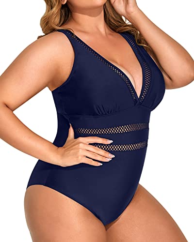 Elegant Push Up Bathing Suits For Plus Size Women-Navy Blue