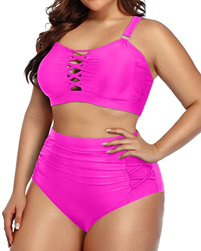 Tummy Control High Waisted Plus Size Bikini Set For Women-Neon Pink