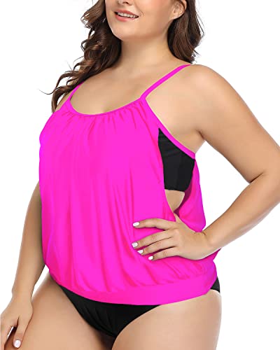 Double Layer Tummy Control Tankini Plus Size Sporty 2 Piece Tankini-Neon Pink