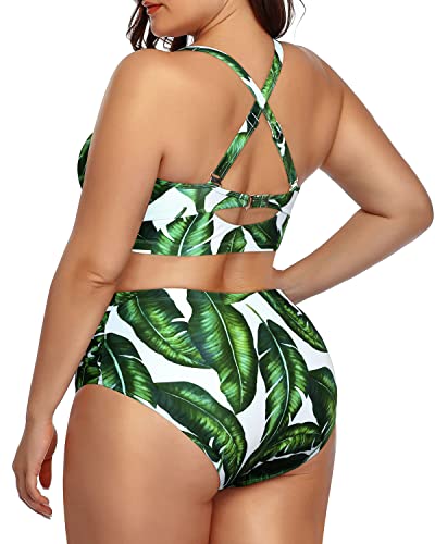 Hollow Out Design Ruched Tummy Control Bikini For Plus Size Women-Green Leaf